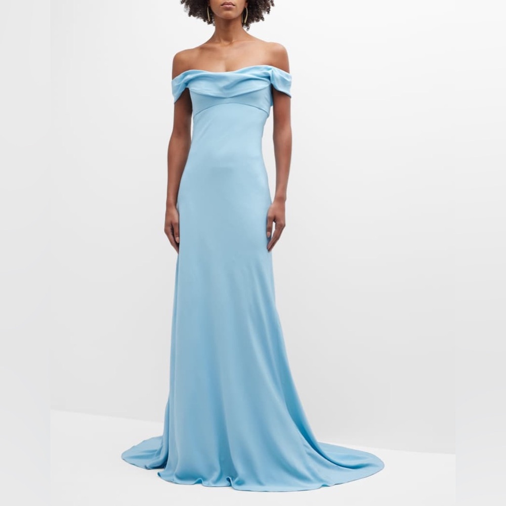 Monique Lhuillier Collection Draped Off-The-Shoulder Silk Gown Blue Maxi Dress - Picture 2 of 15